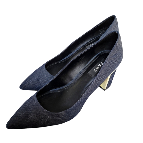 Dkny Shoes - DKNY "Elia" Blue Jean Block Heels Gold Accents
